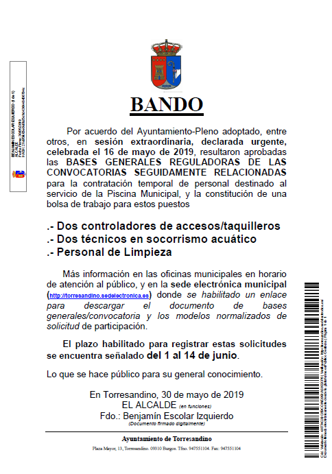 Bases reguladoras contratación trabajadores piscinas municipales 2019